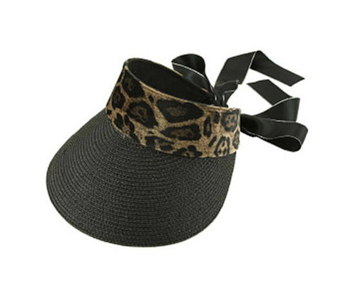 Black Leopard Straw Visor Hat
