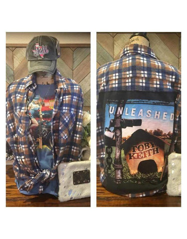Vintage Unisex Blue & Rust Flannel w/ Unleashed Toby Keith patch on back button down top - Sunny's Boutique