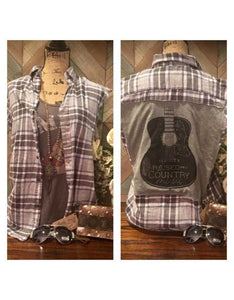 Vintage Unisex Grey & Black Cut off Sleeves Flannel w/  Raised on Country Music patch on back button down top - Sunny's Boutique