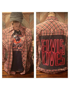 Vintage Unisex Taupe, Red, & Blue Flannel w/ Elvis Lives patch on back button down top - Sunny's Boutique