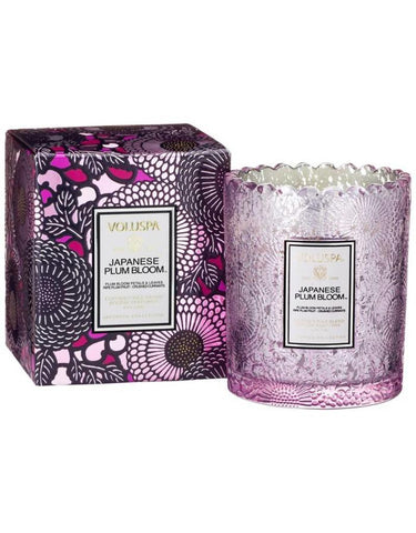 Voluspa Japanese Plum Bloom 6.2 oz. Cocowax Scalloped Edge Embossed Glass Candle