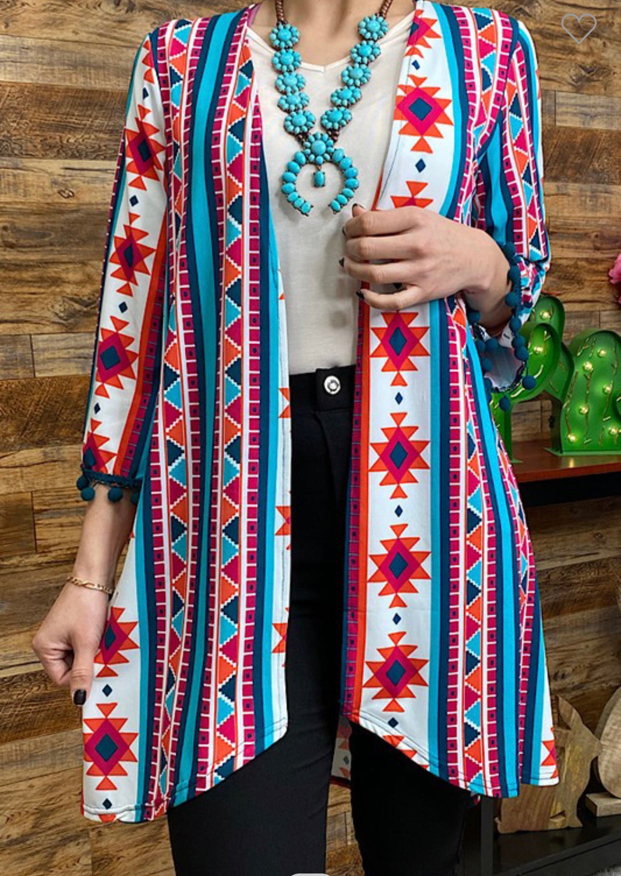 Aztec printed cardigan w/pom poms