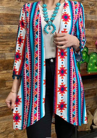 Aztec printed cardigan w/pom poms