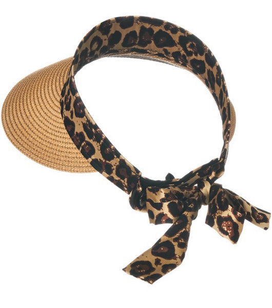 Natural Leopard Print Straw Visor Hat