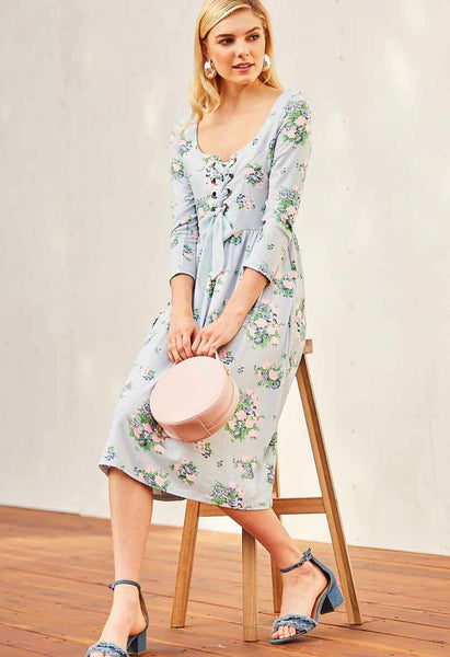 Floral print midi dress featuring lace-up