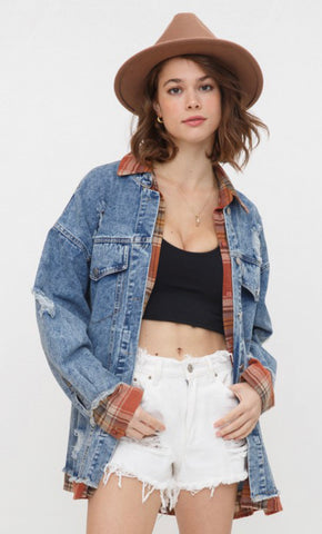 Denim Rust Distressed Plaid Jacket