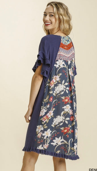 Floral Back Print Short Layered Ruffle Sleeve Dress